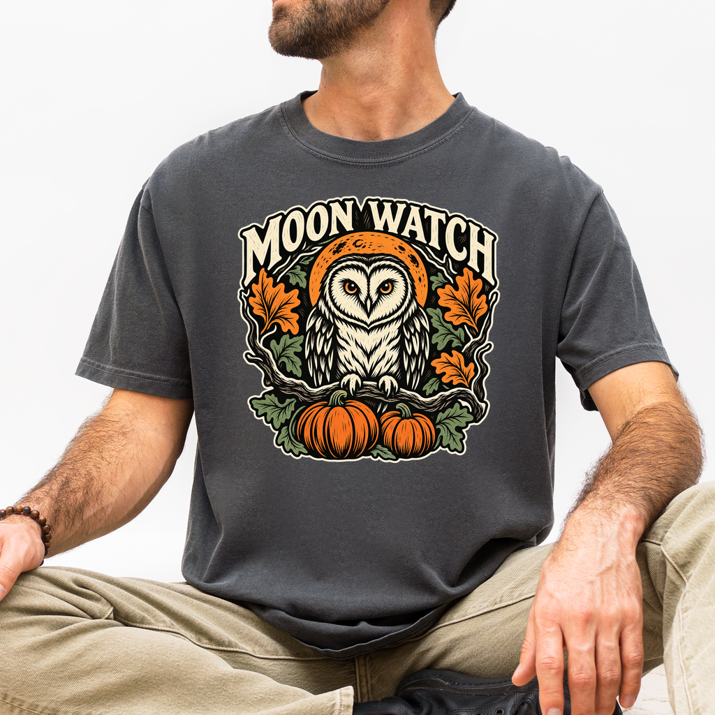 Owl Halloween T-Shirt, Moon Watch Pumpkin Woodcut Folk Art, Autumn Moon Comfort Colors