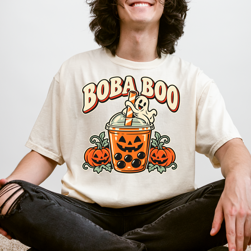 Pumpkin Boba Halloween T-Shirt, Boba Boo Ghost Cup, Retro Diner Spooky Season Art, Comfort Colors