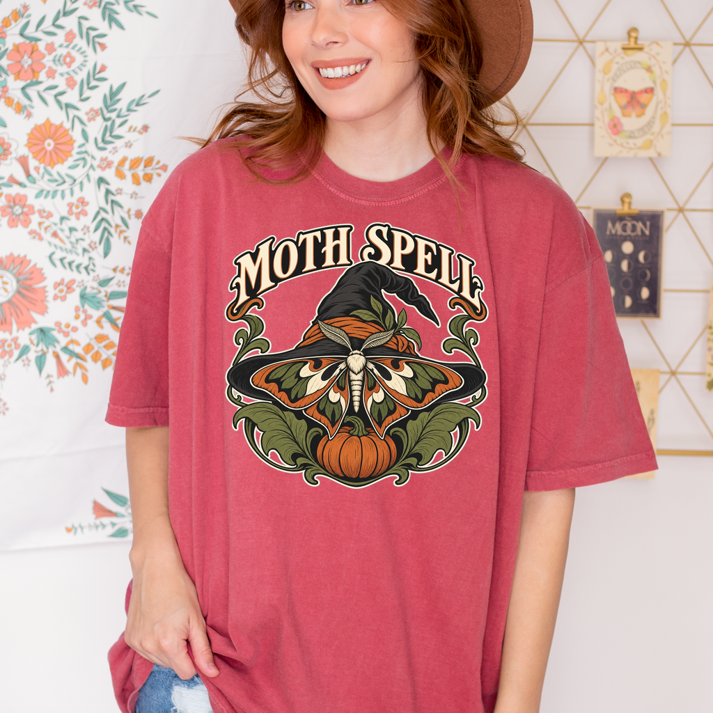 Moth Wing Witch Hat Halloween T-Shirt, Art Nouveau Pumpkin Botanical Design, Comfort Colors Spooky Season