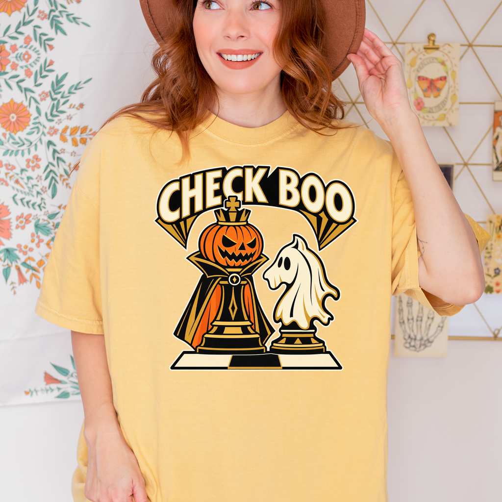 Pumpkin Chess Halloween T-Shirt, Check Boo King and Ghost Knight, Art Deco Spooky Season, Comfort Colors