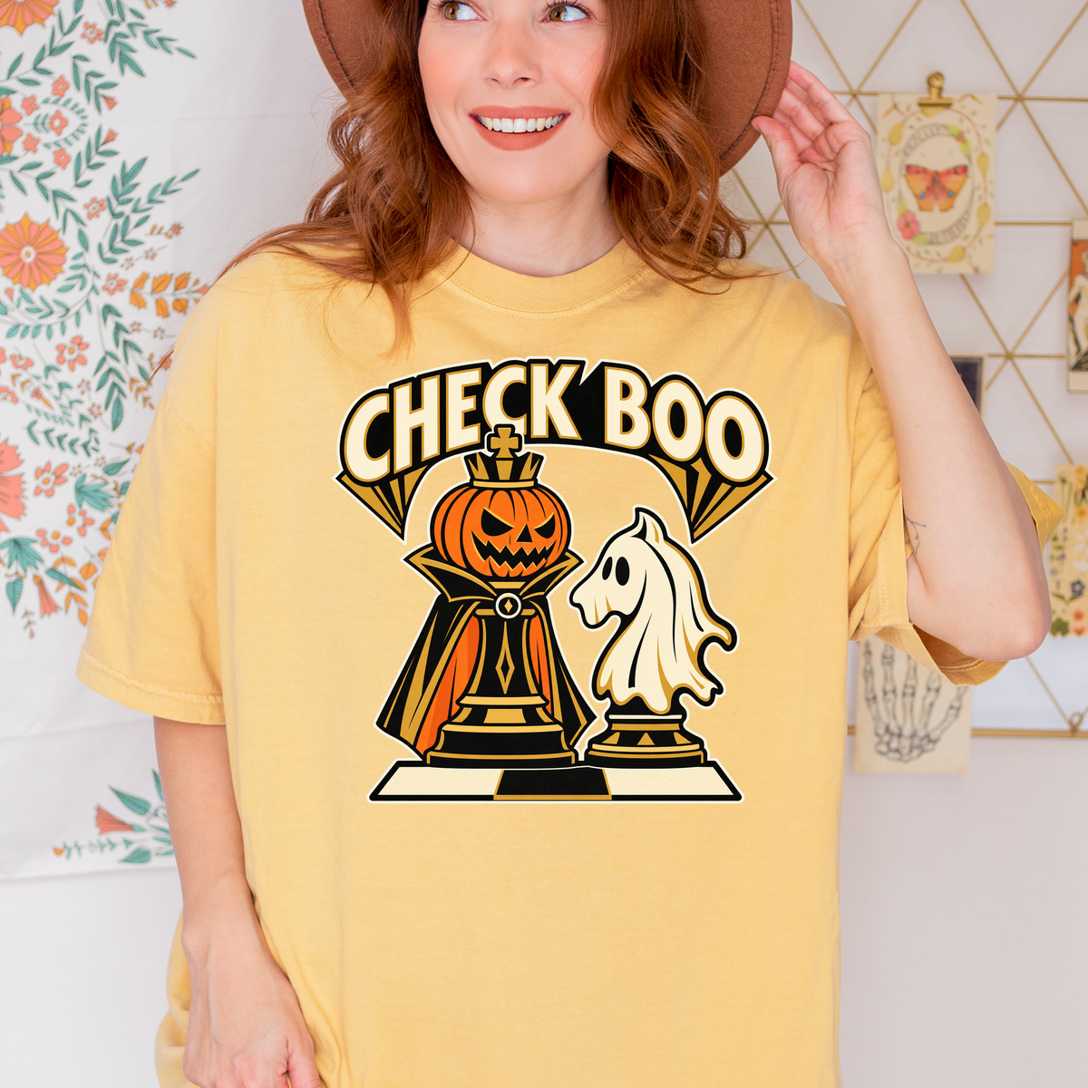 Pumpkin Chess Halloween T-Shirt, Check Boo King and Ghost Knight, Art Deco Spooky Season, Comfort Colors