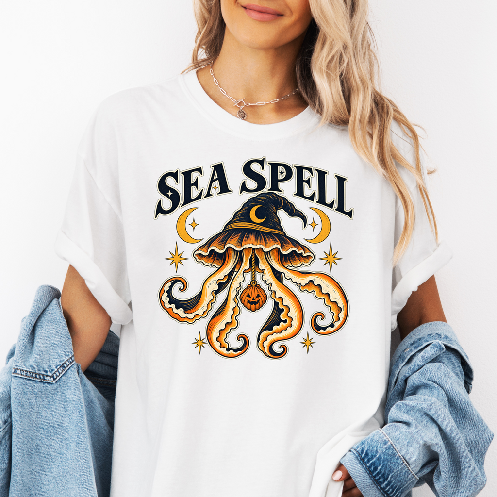 Witch Hat Jellyfish Halloween T-Shirt, Pumpkin Seashell, Celestial Gothic Sea Spell Art, Comfort Colors
