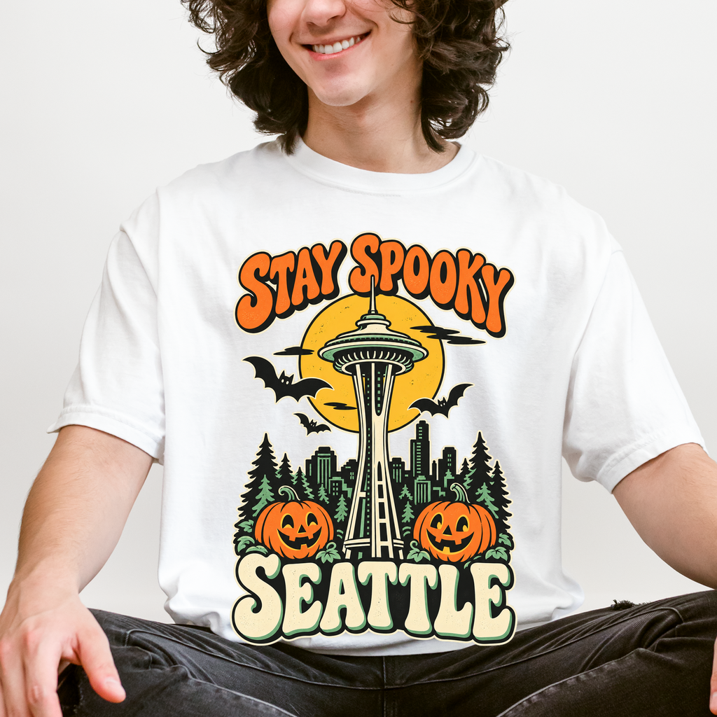 Seattle Halloween T-Shirt, Space Needle Pumpkin Scene, Retro 1950s Cartoon, Comfort Colors Washington Souvenir