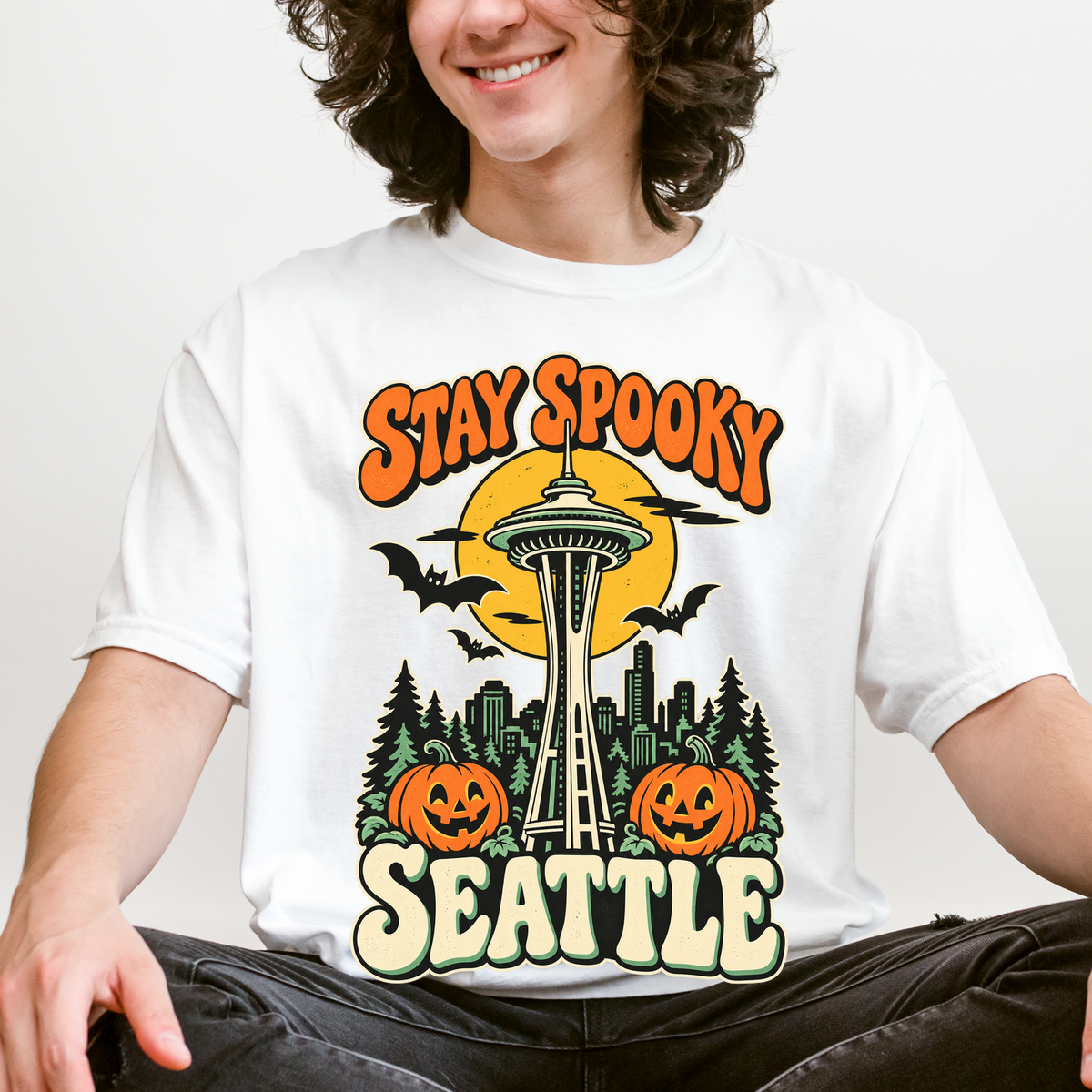 Seattle Halloween T-Shirt, Space Needle Pumpkin Scene, Retro 1950s Cartoon, Comfort Colors Washington Souvenir