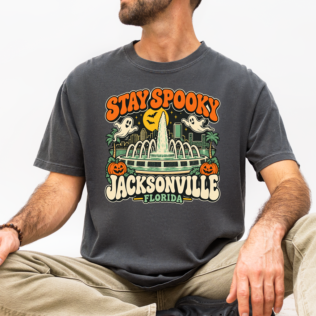 Jacksonville Halloween T-Shirt, Friendship Fountain Retro Ghost and Pumpkin Design, Florida Comfort Colors Souvenir