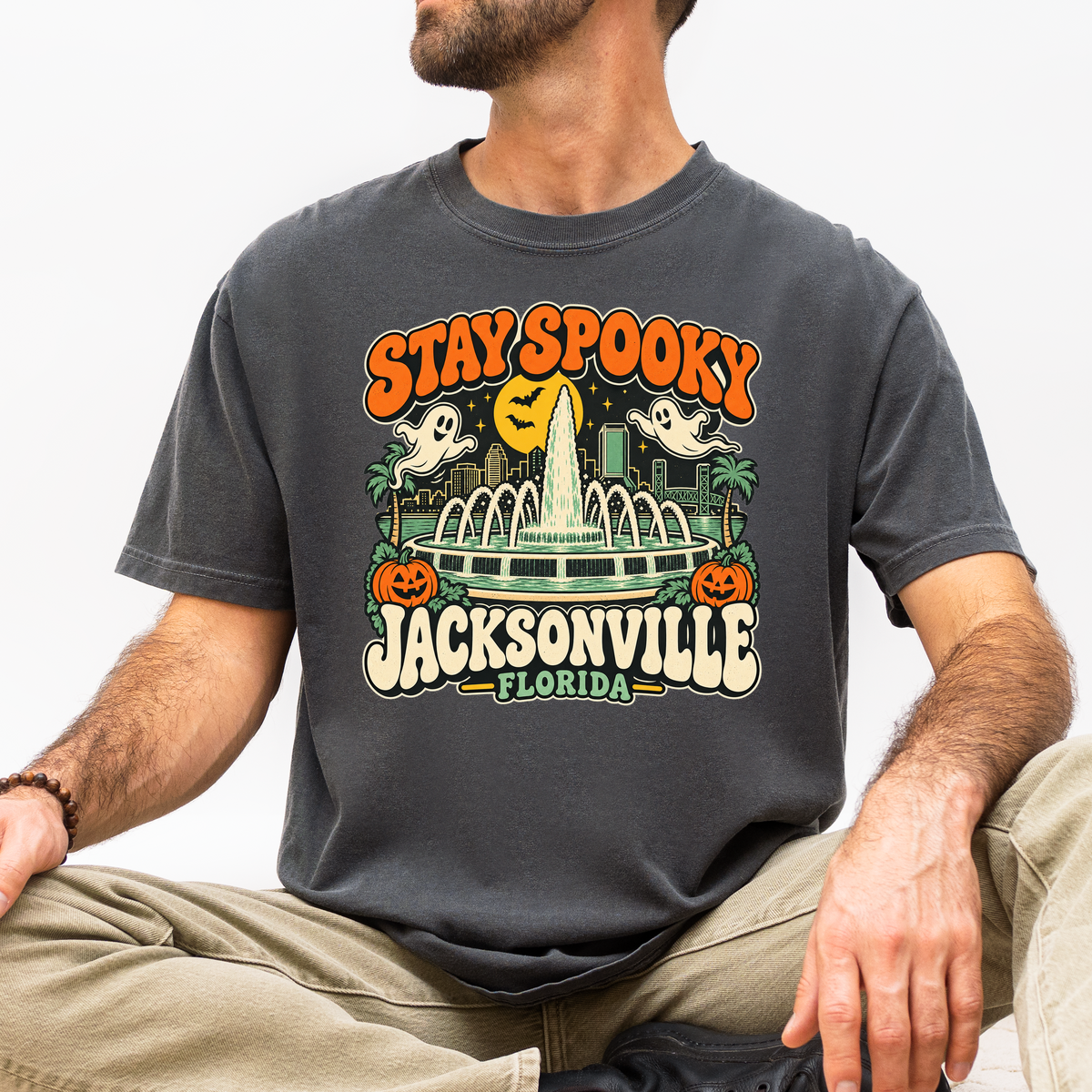 Jacksonville Halloween T-Shirt, Friendship Fountain Retro Ghost and Pumpkin Design, Florida Comfort Colors Souvenir