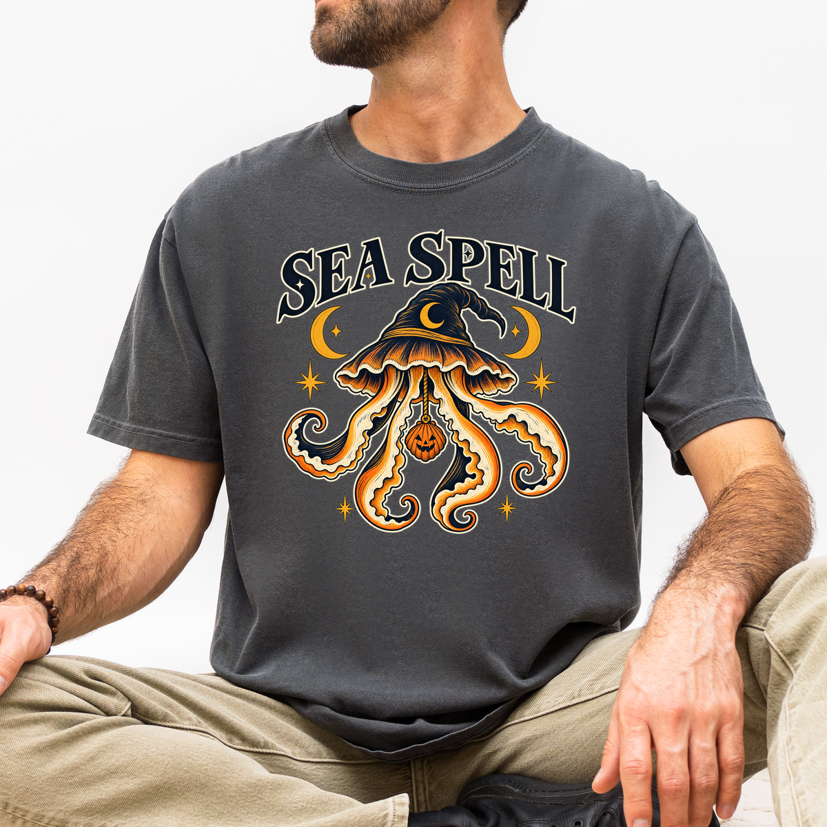 Witch Hat Jellyfish Halloween T-Shirt, Pumpkin Seashell, Celestial Gothic Sea Spell Art, Comfort Colors