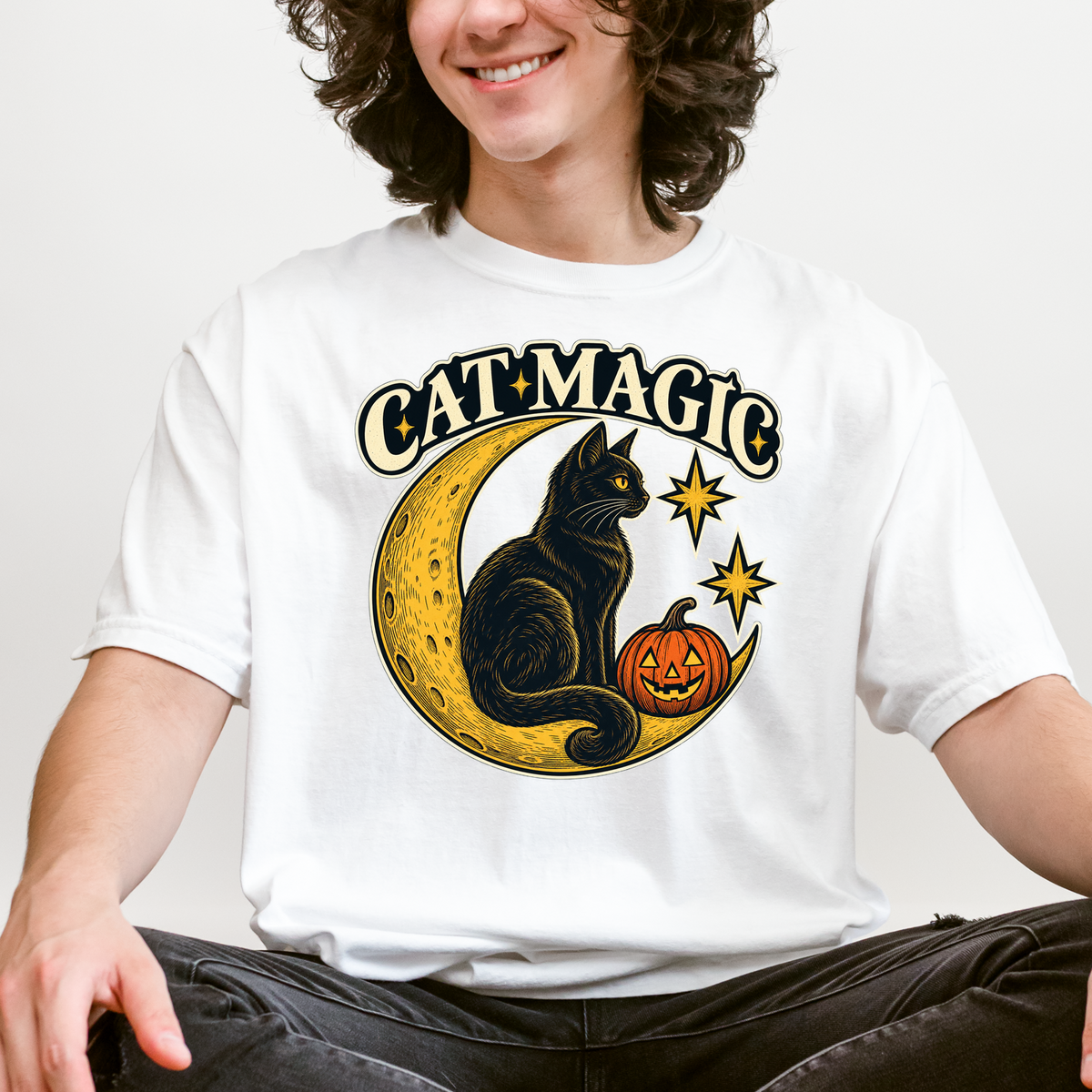 Black Cat Halloween T-Shirt, Cat Magic Crescent Moon, Celestial Pumpkin Art, Antique Linework, Comfort Colors