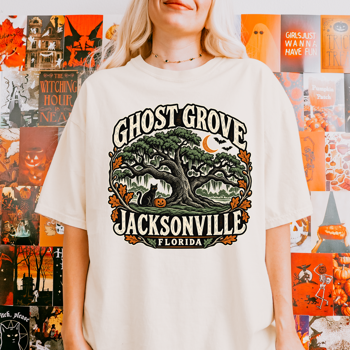 Jacksonville Halloween T-Shirt, Treaty Oak Black Cat and Pumpkin Folk Art, Florida Souvenir, Comfort Colors