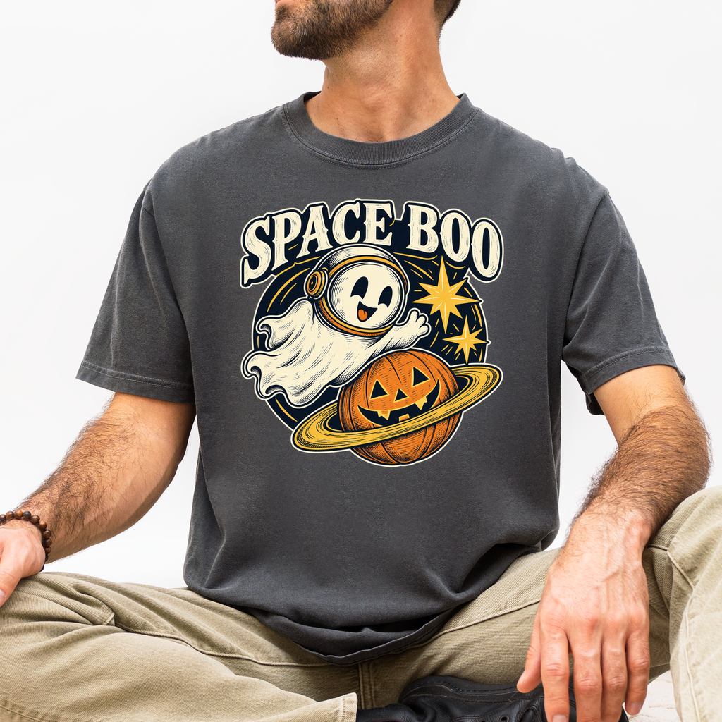 Ghost Astronaut Halloween T-Shirt, Space Boo Pumpkin Planet, Celestial Antique Line Art, Comfort Colors