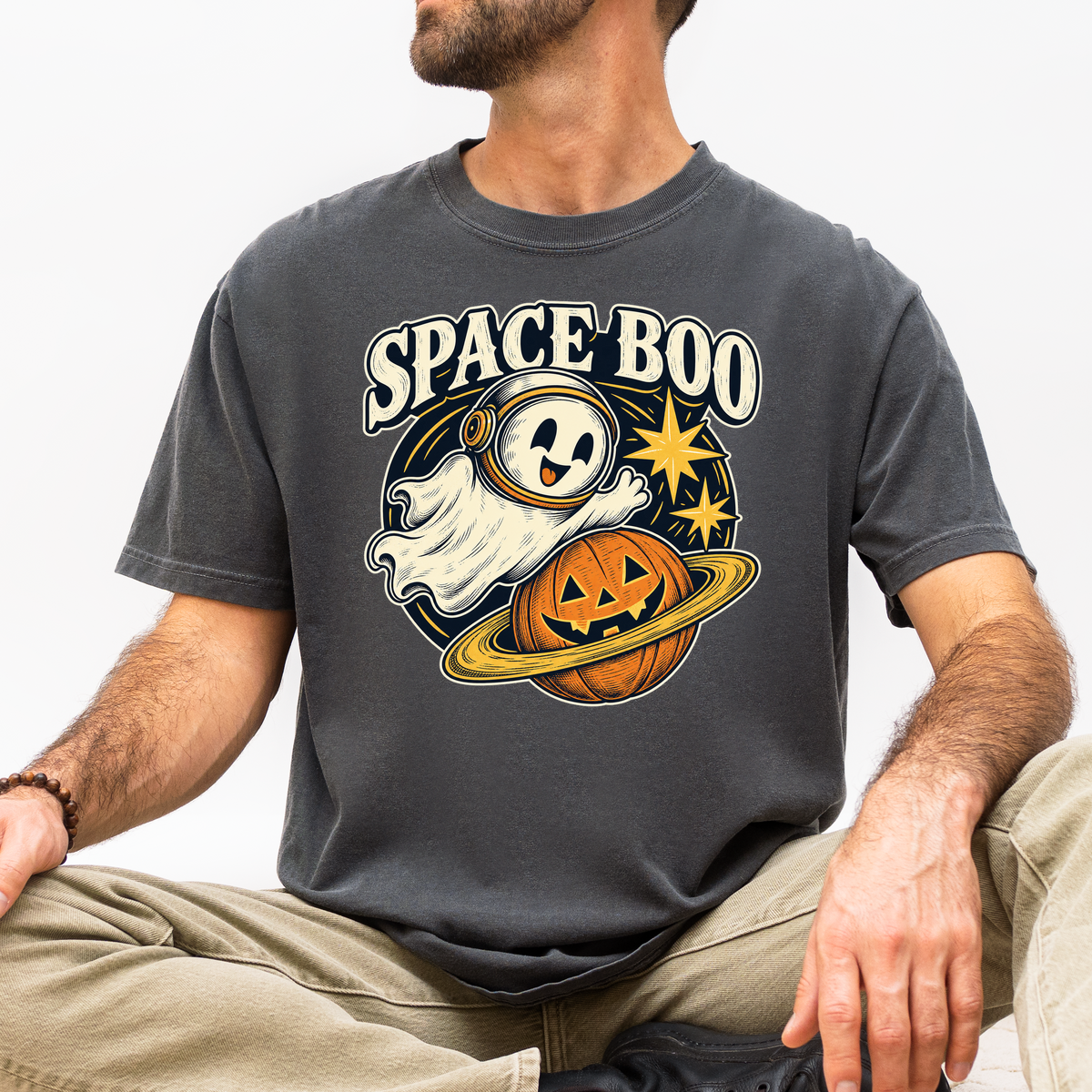 Ghost Astronaut Halloween T-Shirt, Space Boo Pumpkin Planet, Celestial Antique Line Art, Comfort Colors