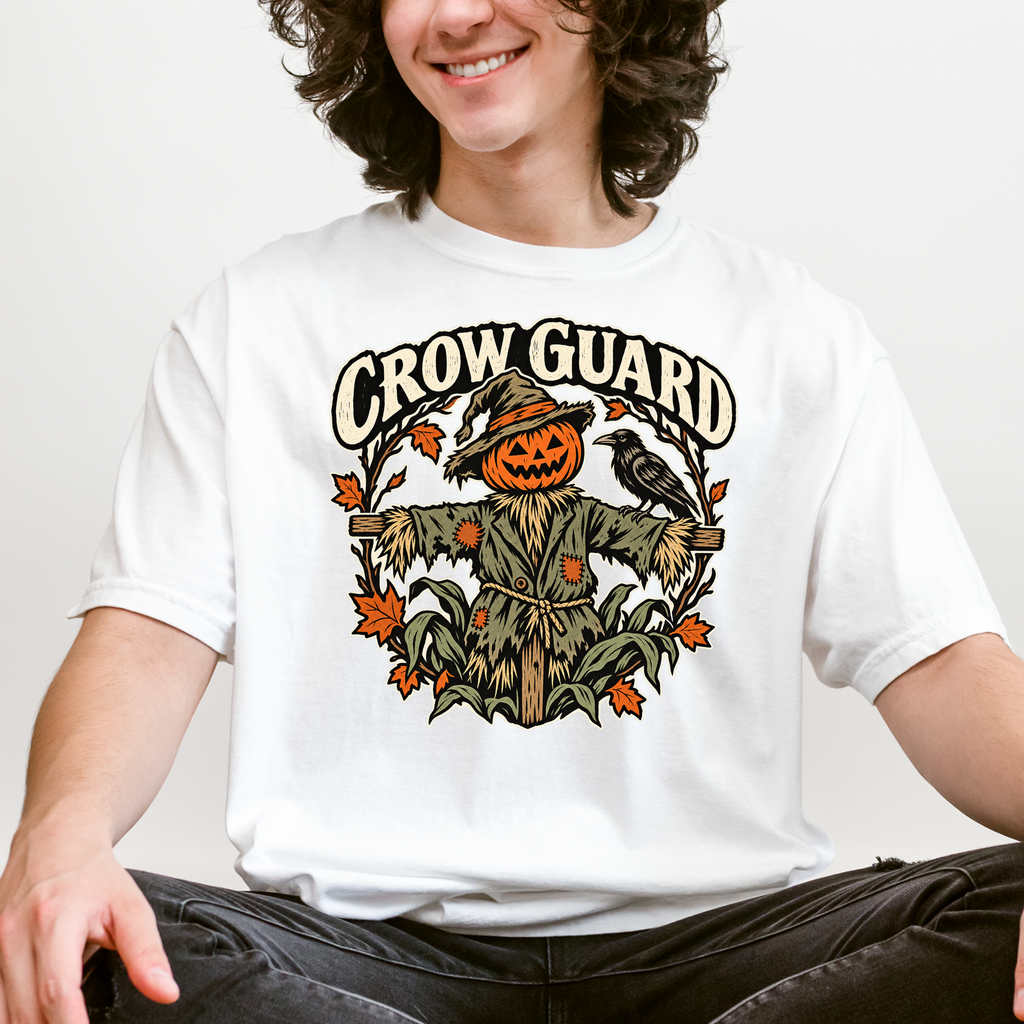 Scarecrow Halloween T-Shirt, Crow Guard Pumpkin Design, Woodcut Folk Art, Comfort Colors Spooky Season