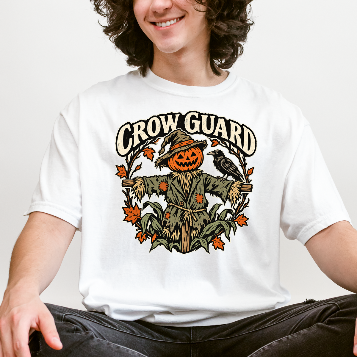 Scarecrow Halloween T-Shirt, Crow Guard Pumpkin Design, Woodcut Folk Art, Comfort Colors Spooky Season
