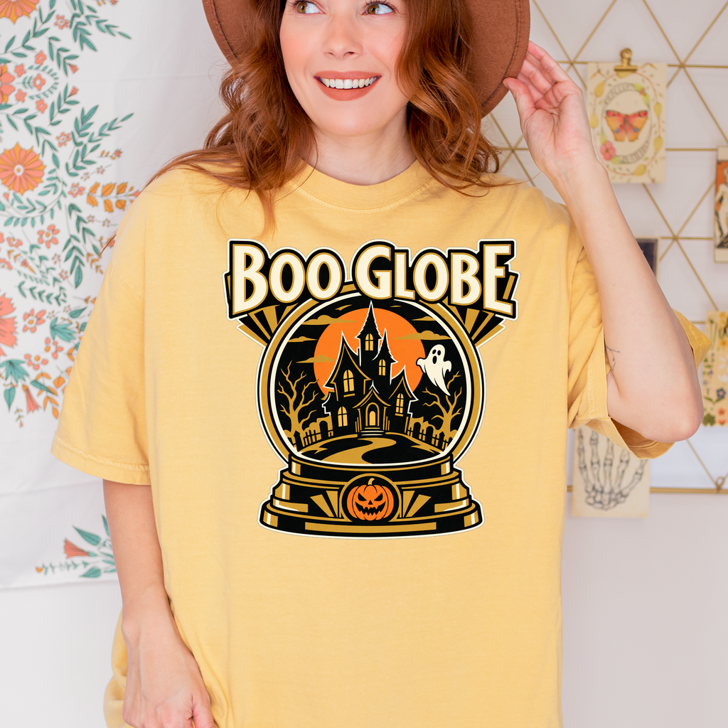 Haunted Snow Globe Halloween T-Shirt, Boo Globe Haunted House, Art Deco Pumpkin and Ghost, Comfort Colors Spooky Season