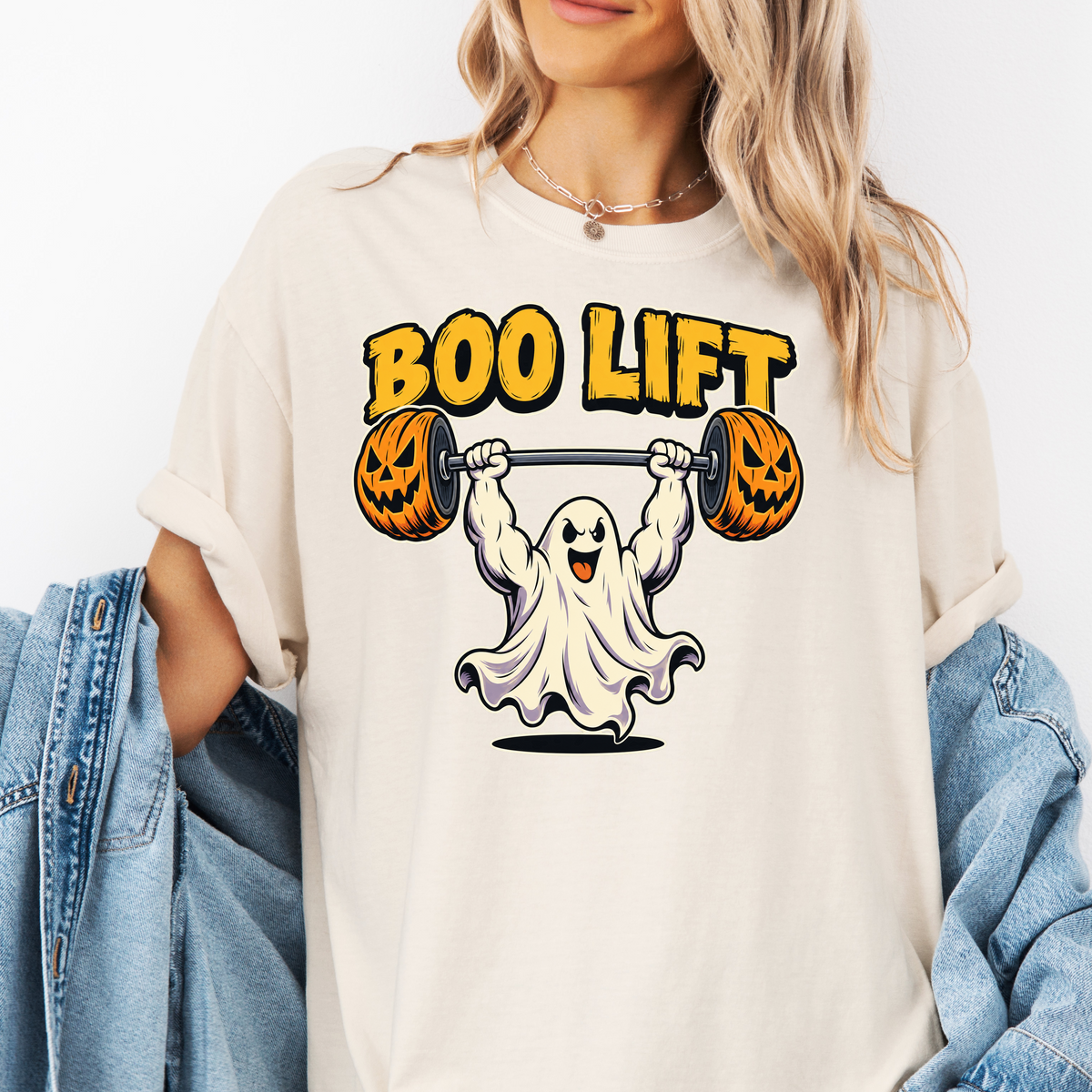 Ghost Weightlifter Halloween T-Shirt, Boo Lift Pumpkin Barbell, Retro Comic Illustration, Comfort Colors