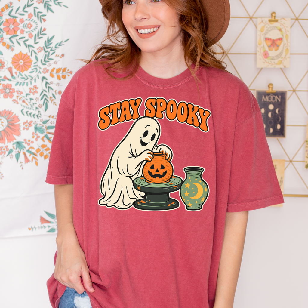 Ghost Pottery Halloween T-Shirt, Stay Spooky Pumpkin Clay Pot, Retro 1950s Cartoon, Comfort Colors Spooky Season