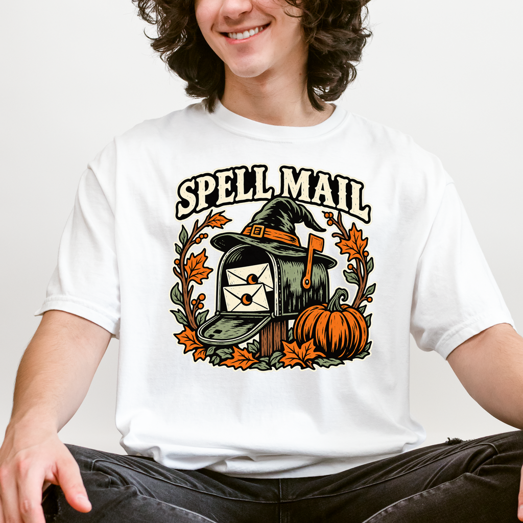 Witch Mailbox Halloween T-Shirt, Spell Mail with Pumpkin, Woodcut Folk Art, Comfort Colors Spooky Season