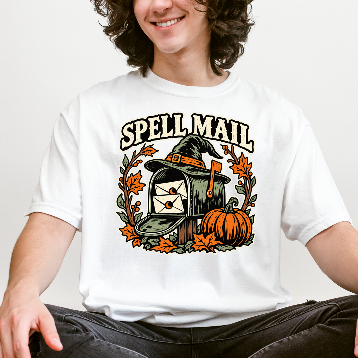 Witch Mailbox Halloween T-Shirt, Spell Mail with Pumpkin, Woodcut Folk Art, Comfort Colors Spooky Season