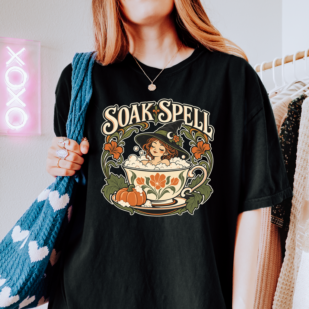 Witch Teacup Halloween T-Shirt, Soak Spell Bath, Art Nouveau Autumn Botanical, Comfort Colors, Spooky Season