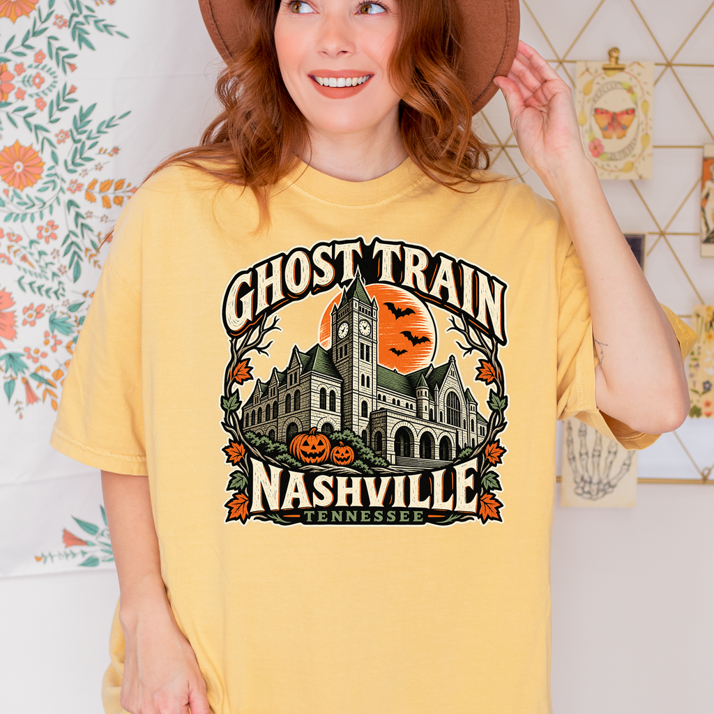 Nashville Halloween T-Shirt, Union Station Ghost Train, Comfort Colors, Woodcut Folk Art, Pumpkin Tennessee Souvenir