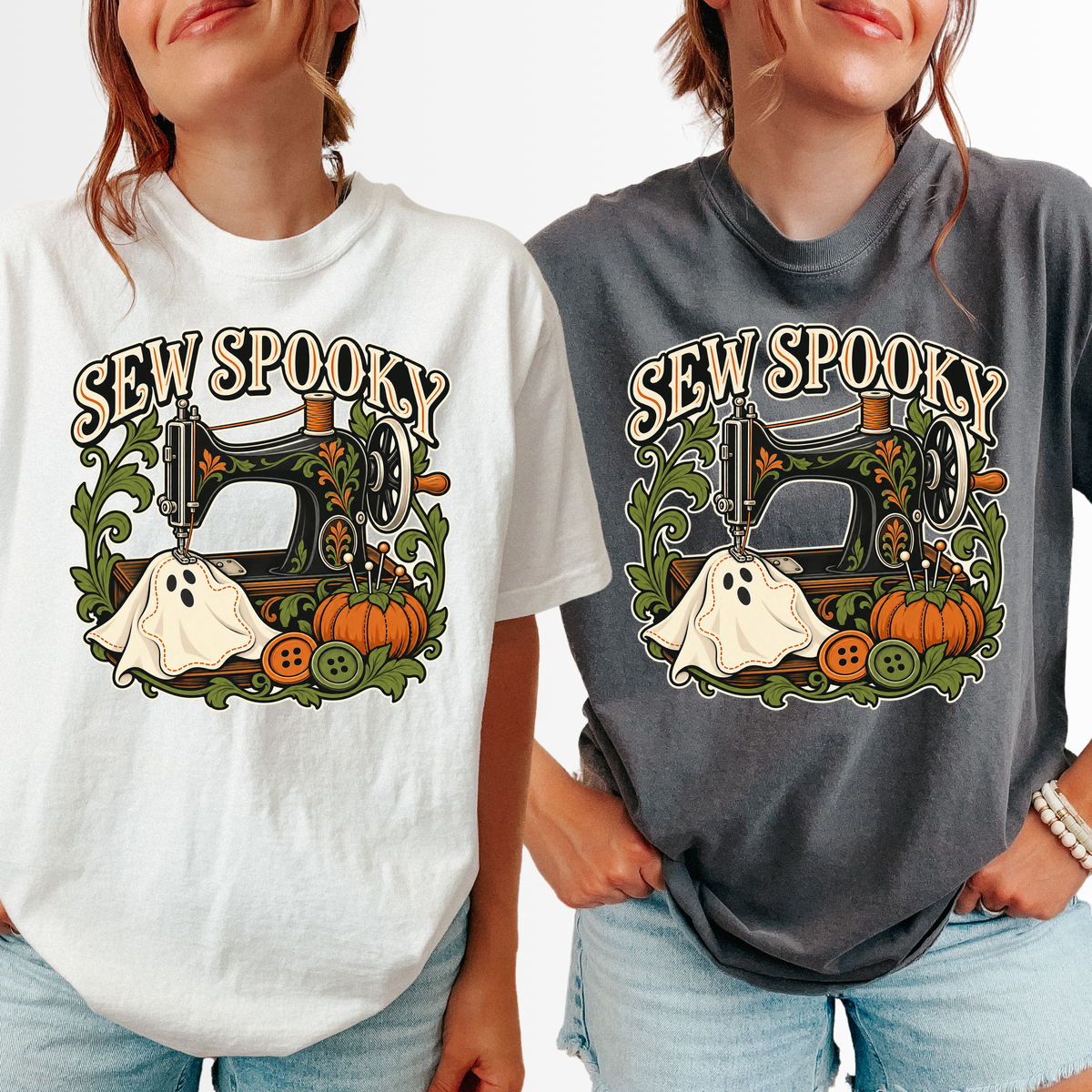 Sewing Machine Halloween T-Shirt, Sew Spooky Ghost Patch, Art Nouveau Pumpkin Design, Comfort Colors