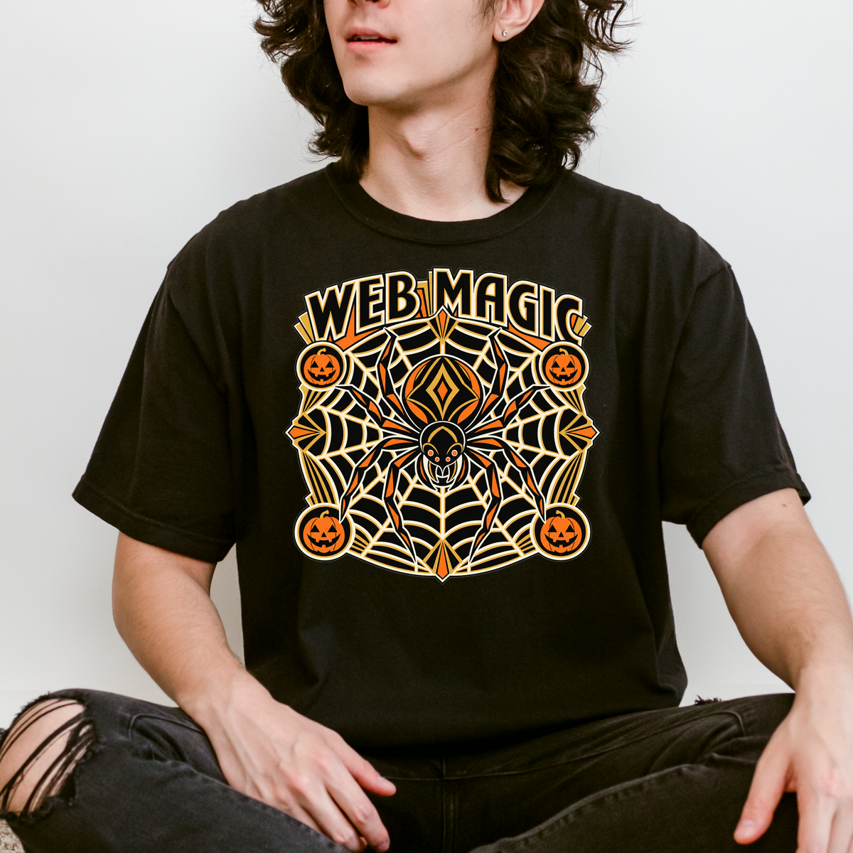 Spider Web Halloween T-Shirt, Web Magic Art Deco Mandala, Pumpkin Medallions, Comfort Colors Spooky Season