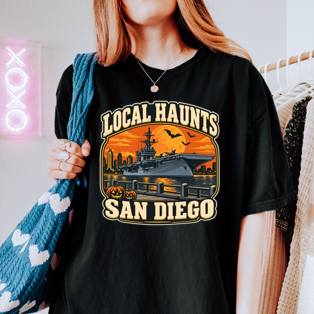 San Diego Halloween T-Shirt, USS Midway Harvest Moon, Comfort Colors Retro California Souvenir, Local Haunts