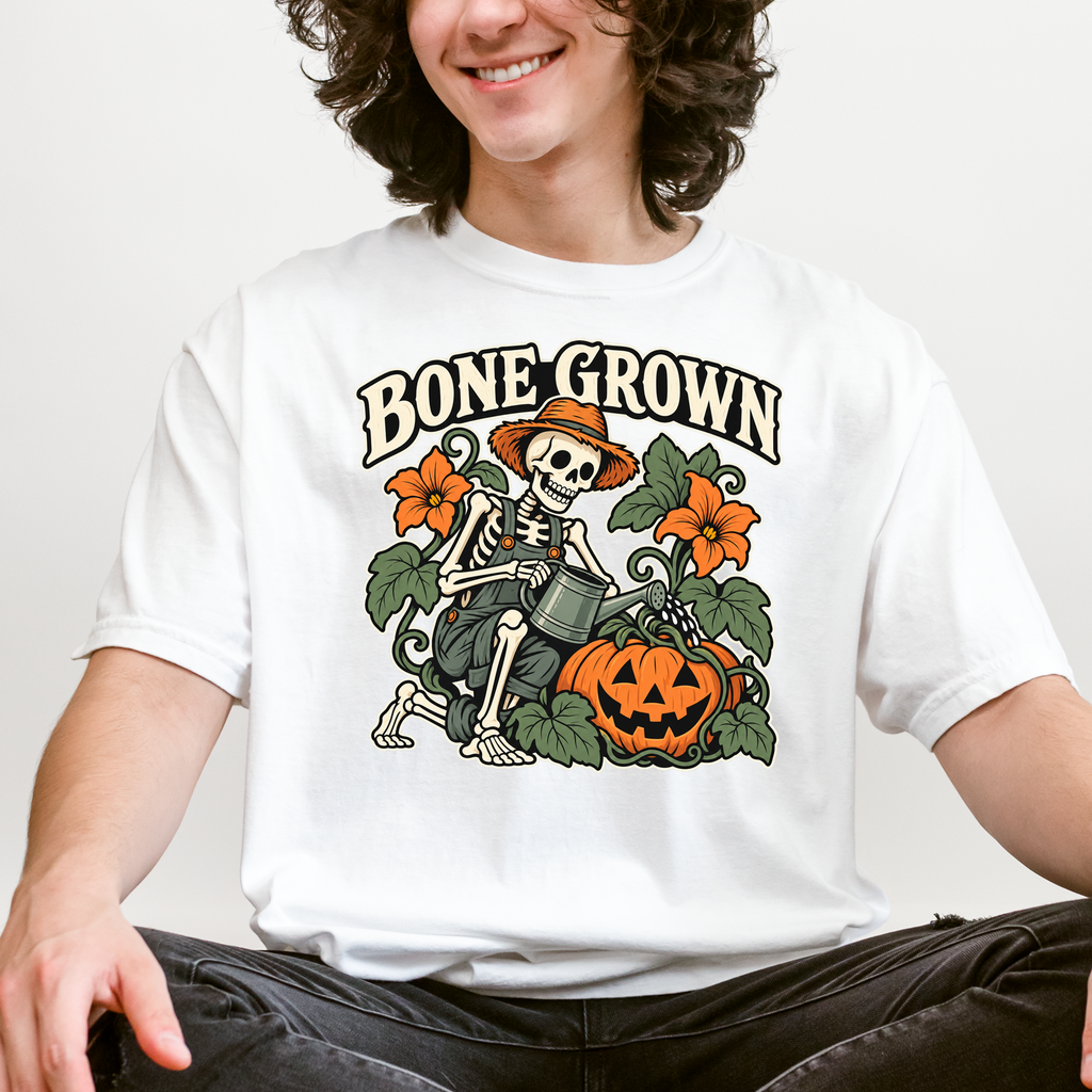 Skeleton Halloween T-Shirt, Bone Grown Pumpkin Garden Folk Art, Botanical Spooky Season Comfort Colors