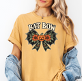 Bat Wing Bow Halloween T-Shirt, Smiling Pumpkin and Autumn Flowers, Folk Art Botanical Design, Comfort Colors