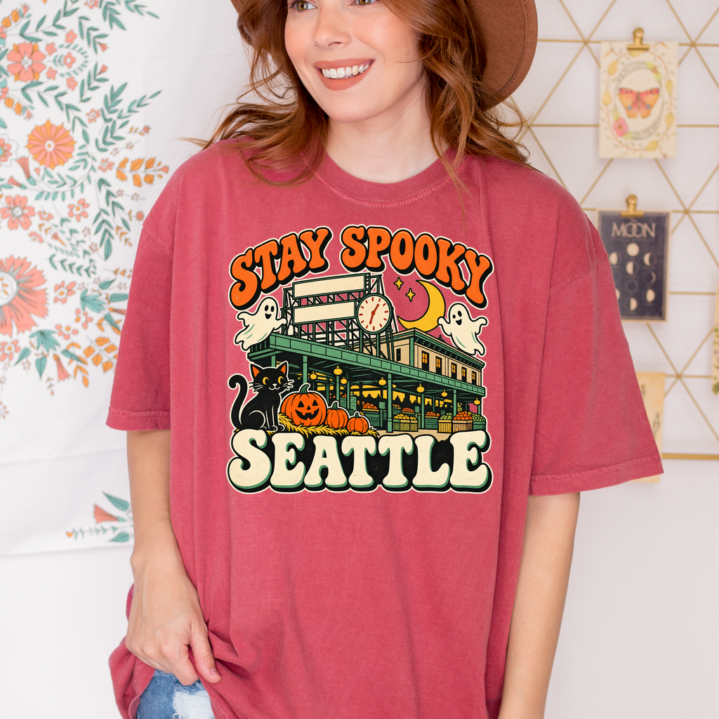 Seattle Halloween T-Shirt, Pike Place Market Black Cat and Ghosts, Retro Spooky Season Comfort Colors