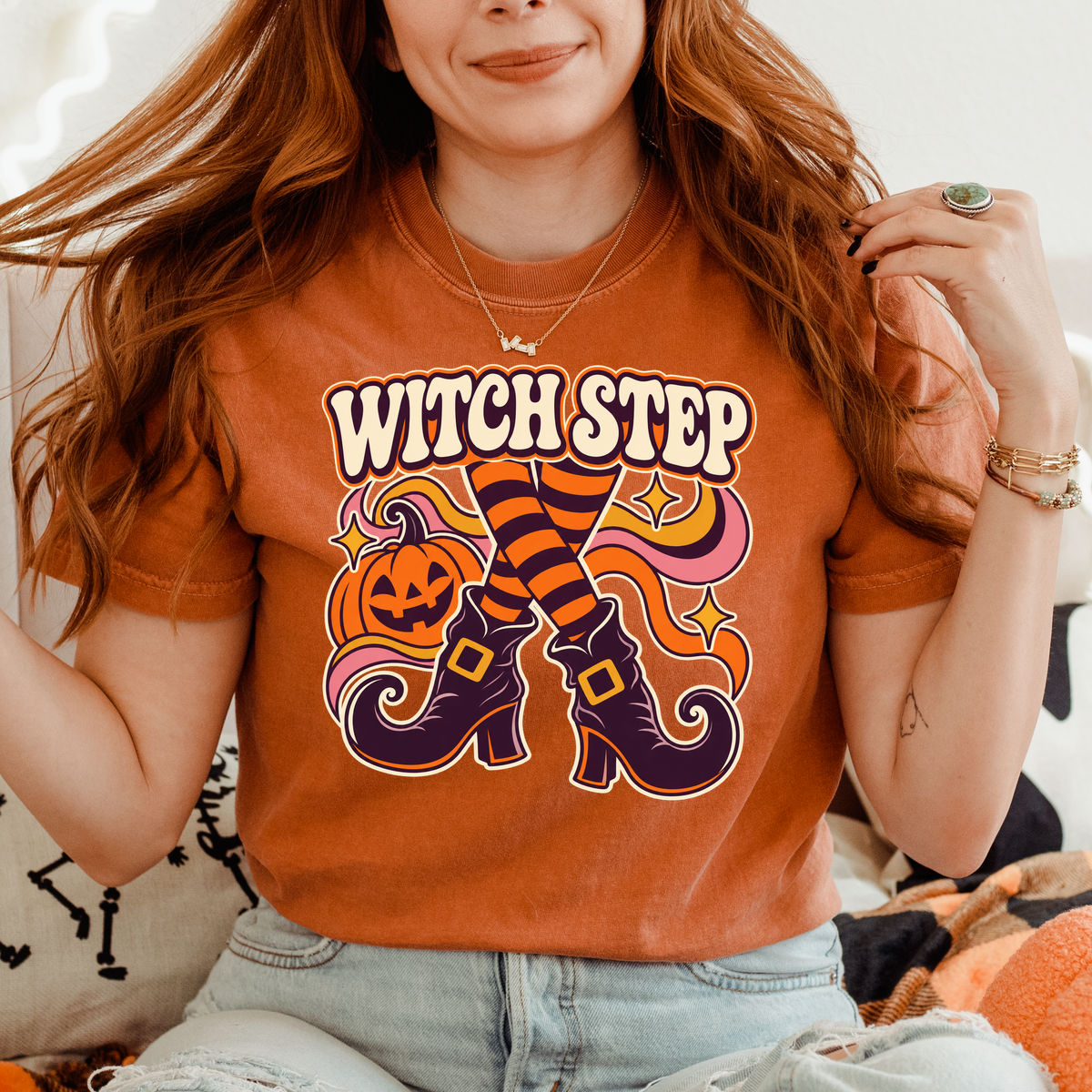 Dancing Witch Boots Halloween T-Shirt, Witch Step Pumpkin Design, 1970s Psychedelic Art, Comfort Colors