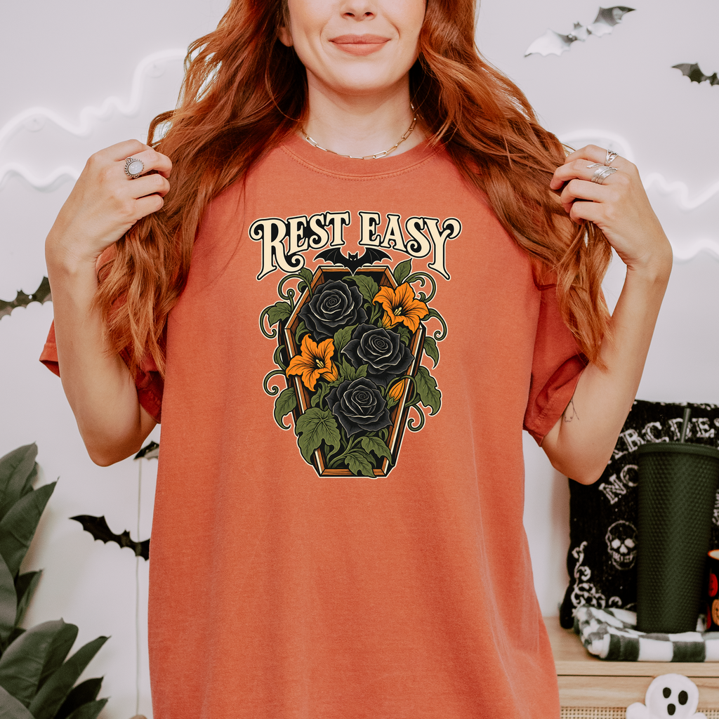 Coffin Flower Bed Halloween T-Shirt, Rest Easy Black Roses, Art Nouveau Botanical, Comfort Colors
