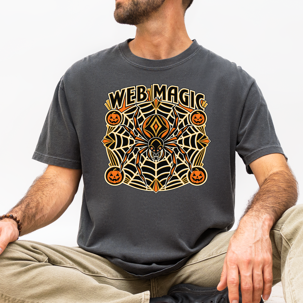 Spider Web Halloween T-Shirt, Web Magic Art Deco Mandala, Pumpkin Medallions, Comfort Colors Spooky Season
