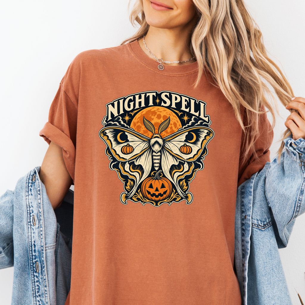 Moon Moth Halloween T-Shirt, Night Spell Pumpkin and Orange Moon, Celestial Gothic Art, Comfort Colors