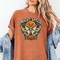 Moon Moth Halloween T-Shirt, Night Spell Pumpkin and Orange Moon, Celestial Gothic Art, Comfort Colors
