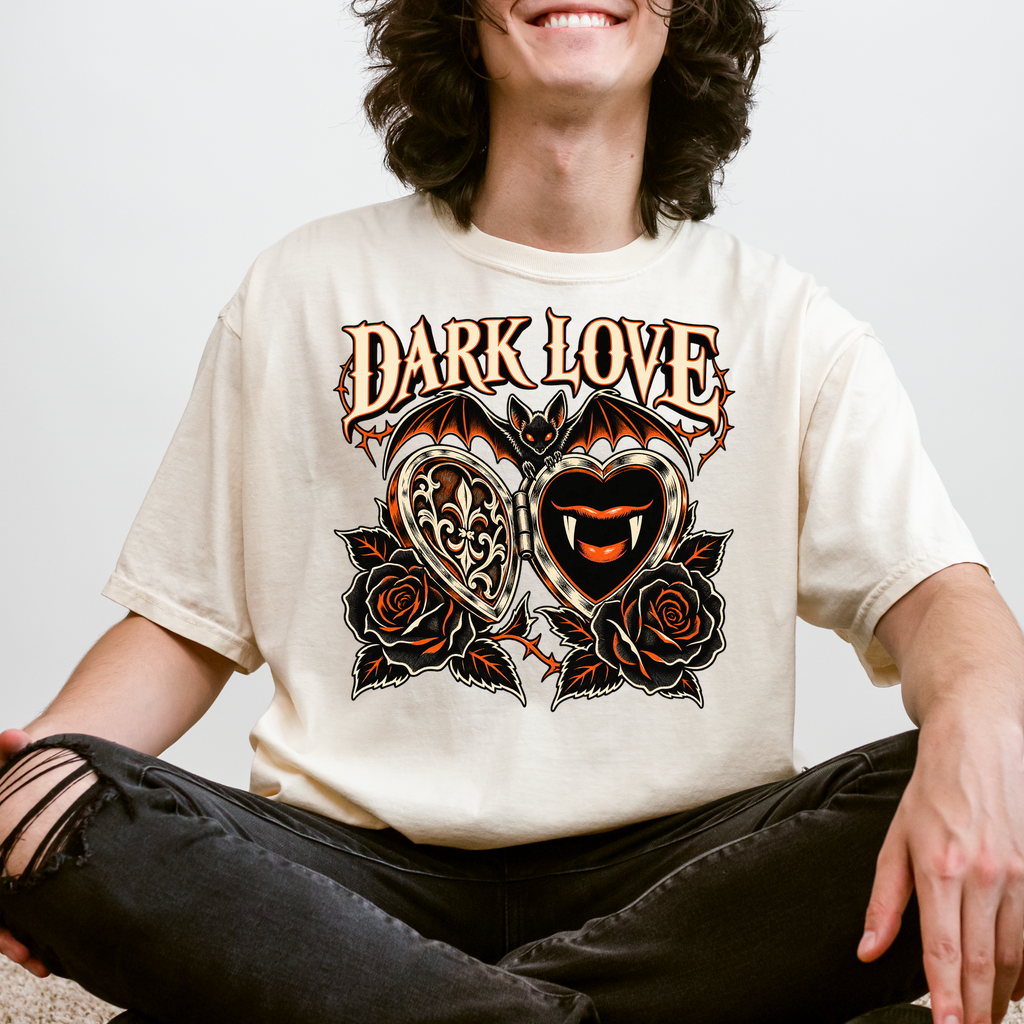 Vampire Heart Locket Halloween T-Shirt, Dark Love Gothic Woodcut, Bat and Black Roses, Comfort Colors