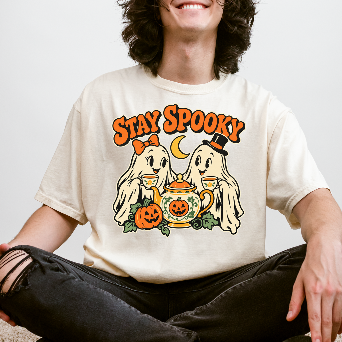 Ghost Tea Party Halloween T-Shirt, Stay Spooky Retro 1950s Cartoon, Pumpkin and Crescent, Comfort Colors