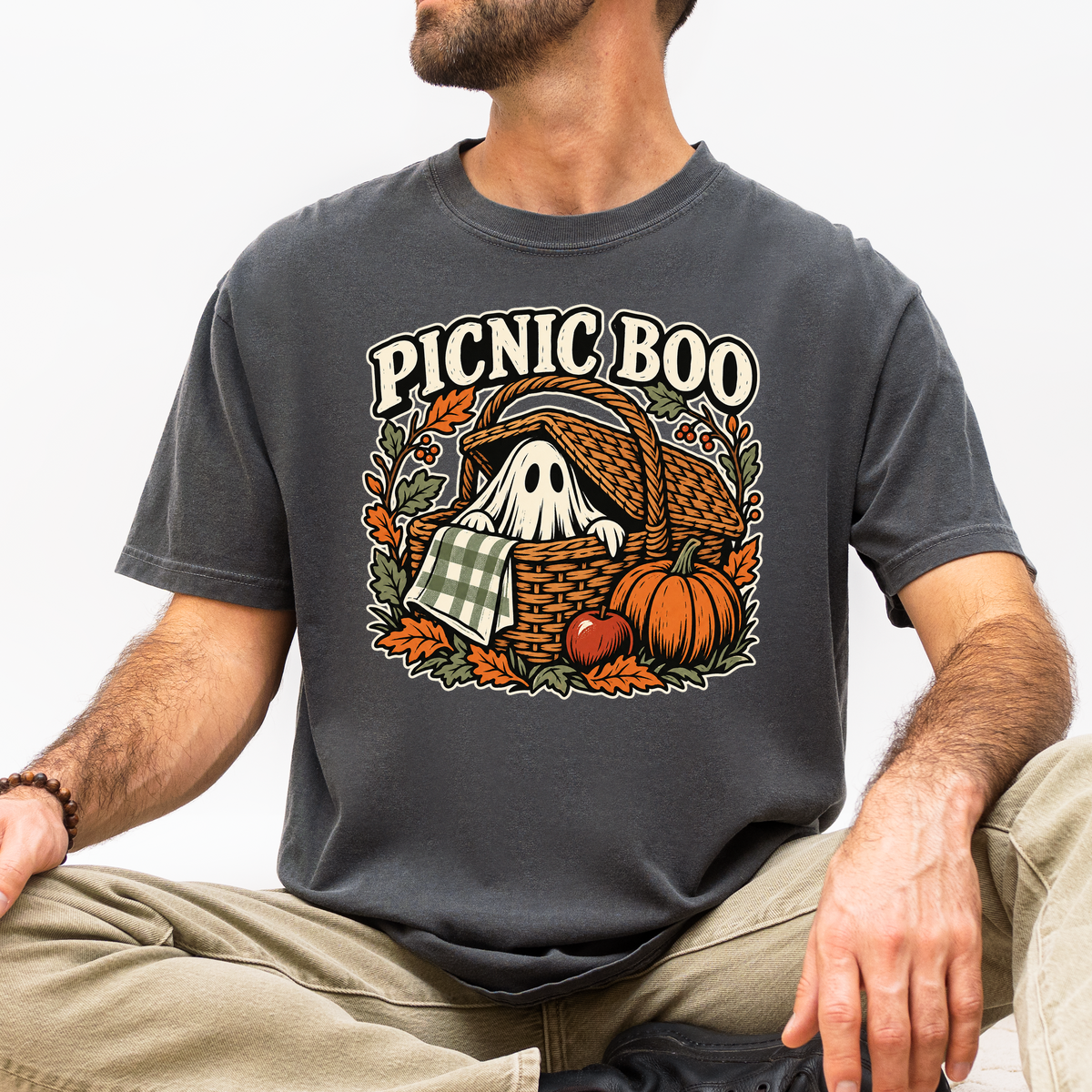 Ghost Picnic Basket Halloween T-Shirt, Picnic Boo Folk Art, Pumpkin Woodcut Illustration, Comfort Colors