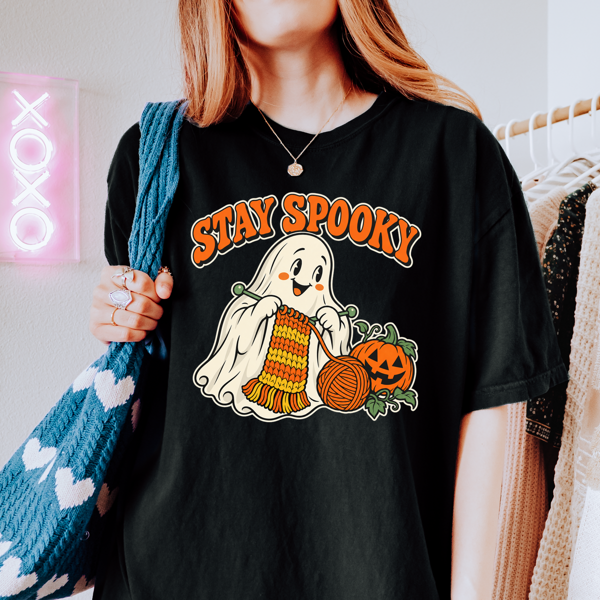 Ghost Halloween T-Shirt, Stay Spooky Knitting Design, Retro 1950s Cartoon Pumpkin, Comfort Colors