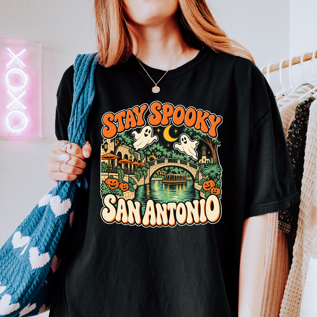 San Antonio Halloween T-Shirt, River Walk Ghosts and Pumpkins, Retro Texas Souvenir, Comfort Colors