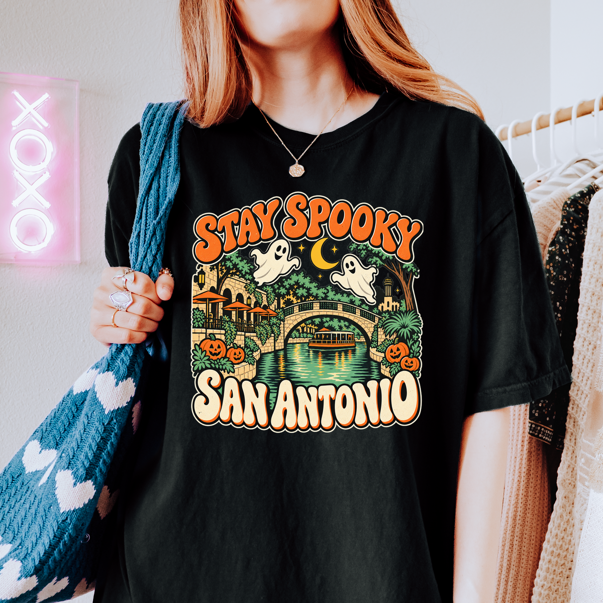 San Antonio Halloween T-Shirt, River Walk Ghosts and Pumpkins, Retro Texas Souvenir, Comfort Colors