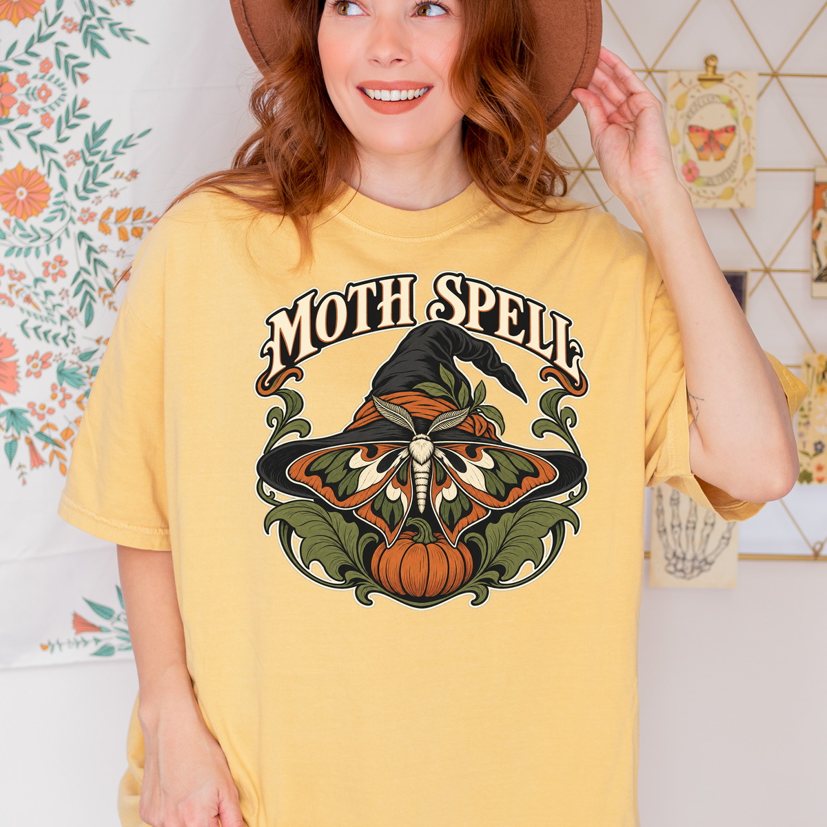 Moth Wing Witch Hat Halloween T-Shirt, Art Nouveau Pumpkin Botanical Design, Comfort Colors Spooky Season
