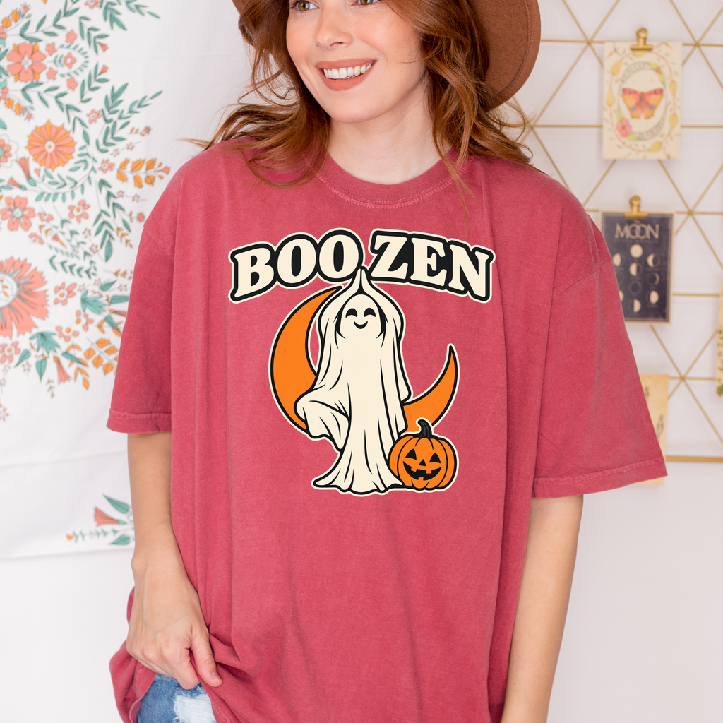 Ghost Yoga Halloween T-Shirt, Boo Zen Tree Pose, Minimalist Pumpkin and Crescent Design, Comfort Colors