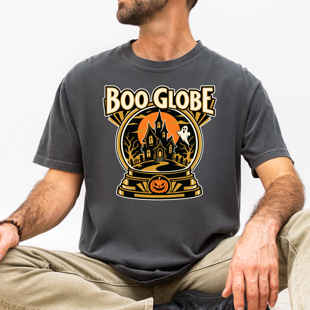 Haunted Snow Globe Halloween T-Shirt, Boo Globe Haunted House, Art Deco Pumpkin and Ghost, Comfort Colors Spooky Season