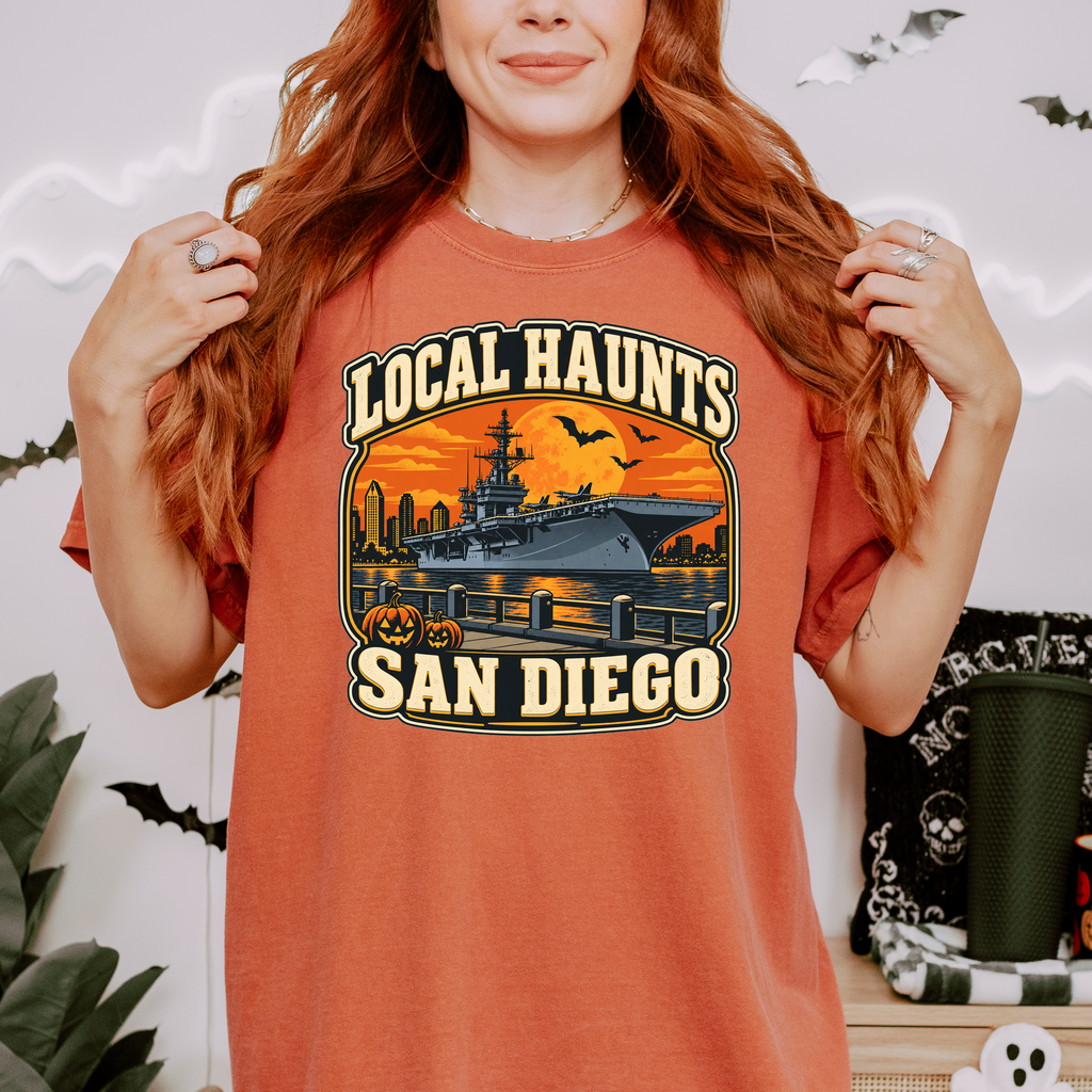 San Diego Halloween T-Shirt, USS Midway Harvest Moon, Comfort Colors Retro California Souvenir, Local Haunts