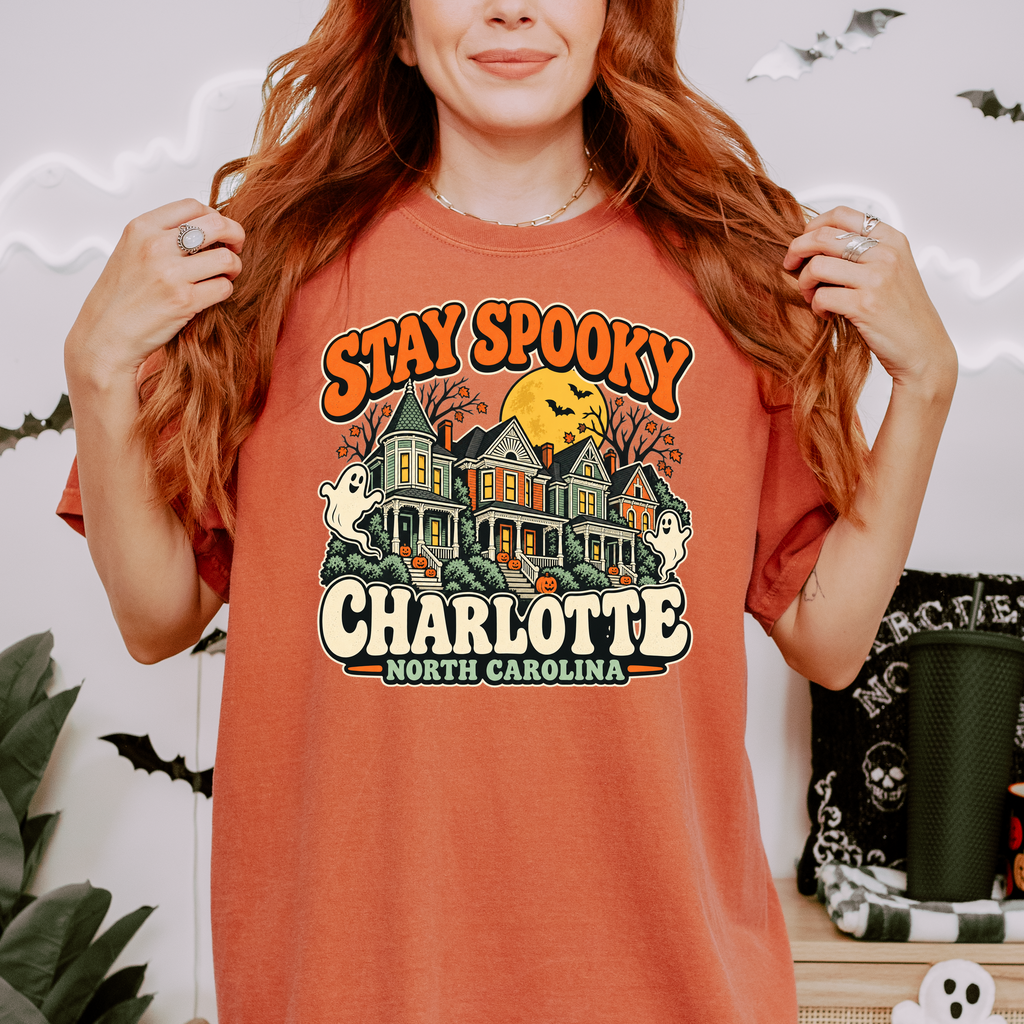 Charlotte Halloween T-Shirt, Fourth Ward Victorian Houses, Retro Ghosts and Pumpkins, Comfort Colors North Carolina