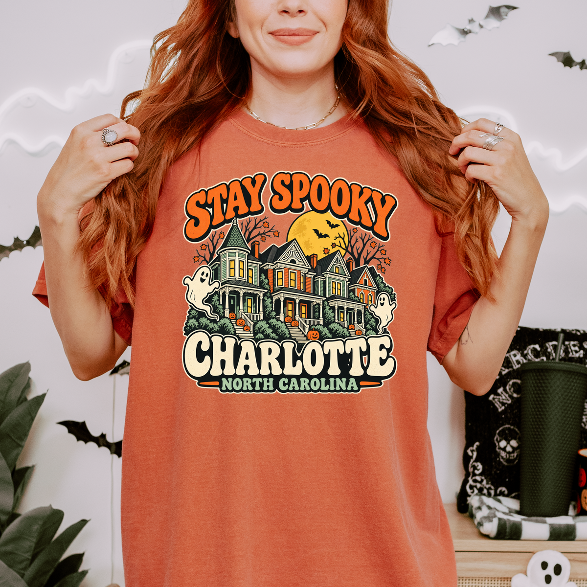 Charlotte Halloween T-Shirt, Fourth Ward Victorian Houses, Retro Ghosts and Pumpkins, Comfort Colors North Carolina