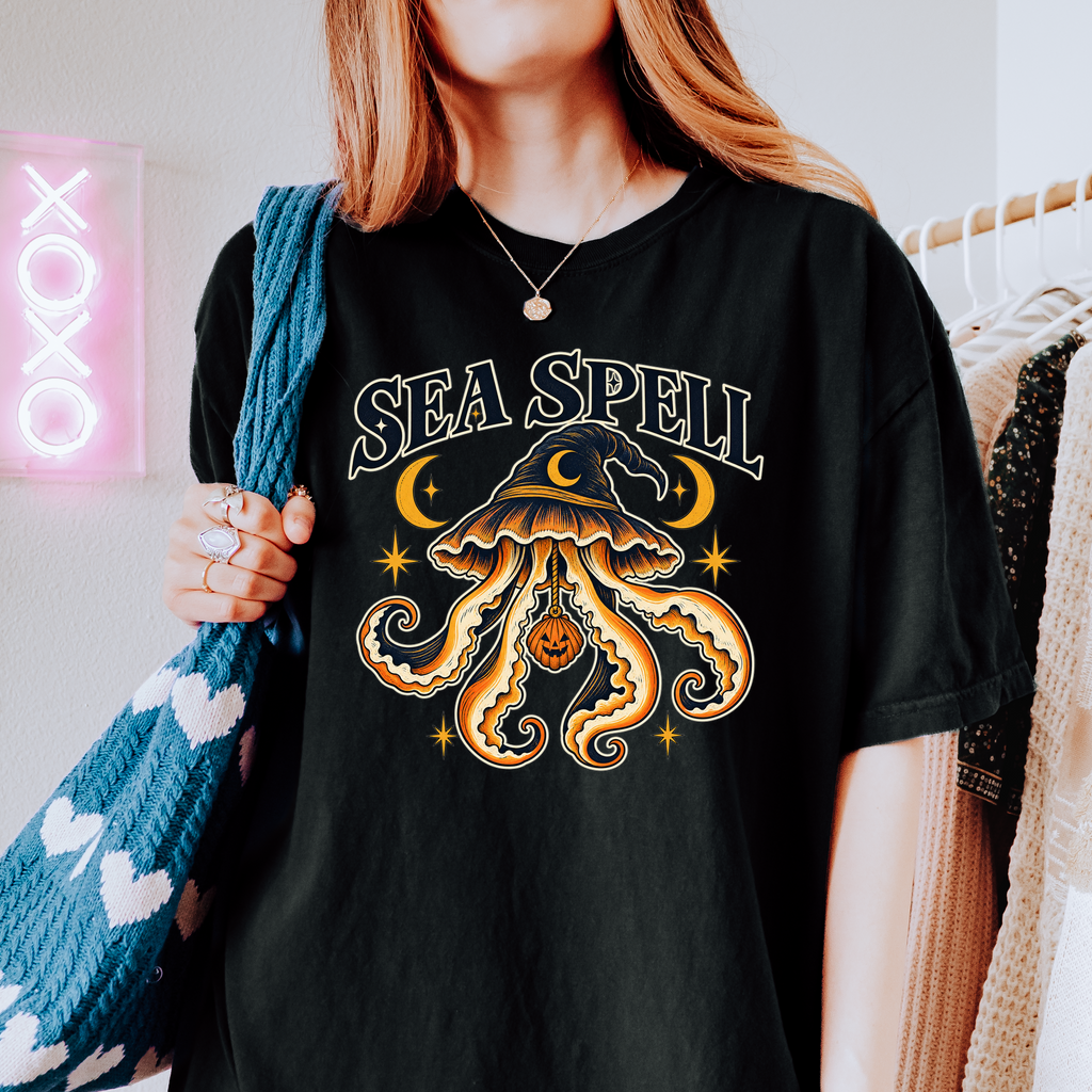 Witch Hat Jellyfish Halloween T-Shirt, Pumpkin Seashell, Celestial Gothic Sea Spell Art, Comfort Colors