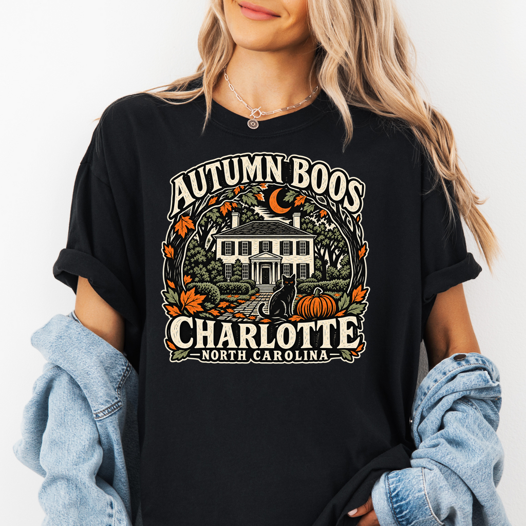 Charlotte Halloween T-Shirt, Historic Rosedale Black Cat and Pumpkin Folk Art, North Carolina Comfort Colors