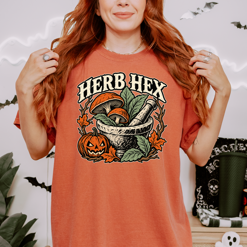 Witch's Apothecary Halloween T-Shirt, Herb Hex Mortar and Mushroom Woodcut, Pumpkin Folk Art, Comfort Colors